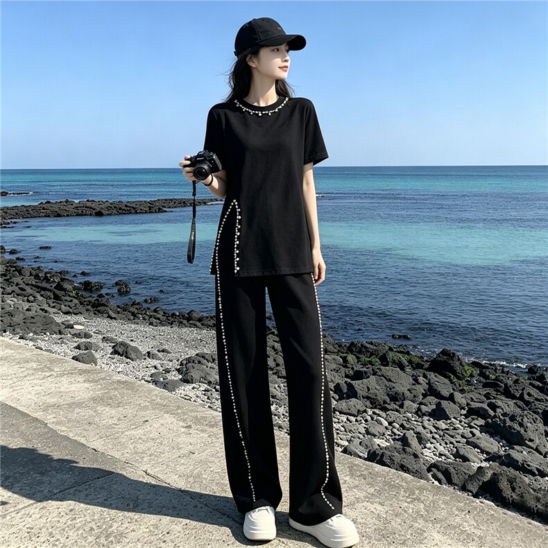 潮流设计感钉珠开叉长款T恤套装女夏季新款时尚显瘦阔腿裤两件套图片 潮流设计感钉珠开叉长款T恤套装女夏季新款时尚显瘦阔腿裤两件套图片