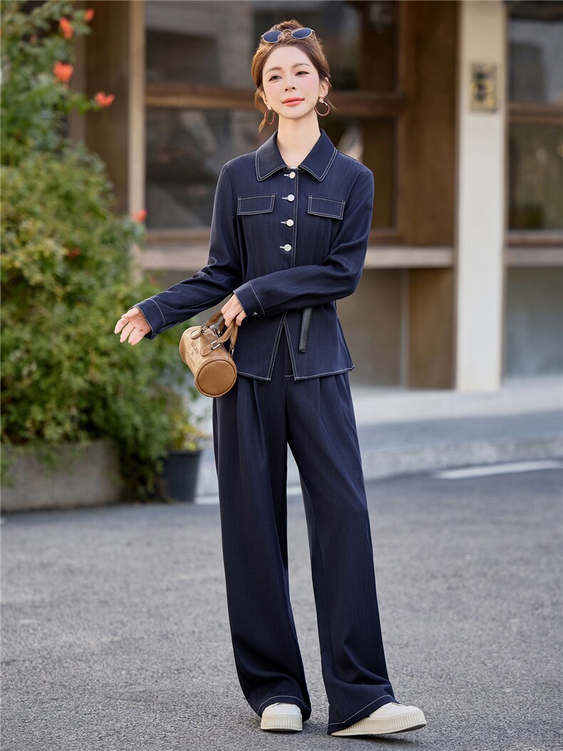 （新款现货）2026春装时尚收腰显瘦天丝牛仔阔腿腰带套装两件套,女装套装/套裙,印象茜