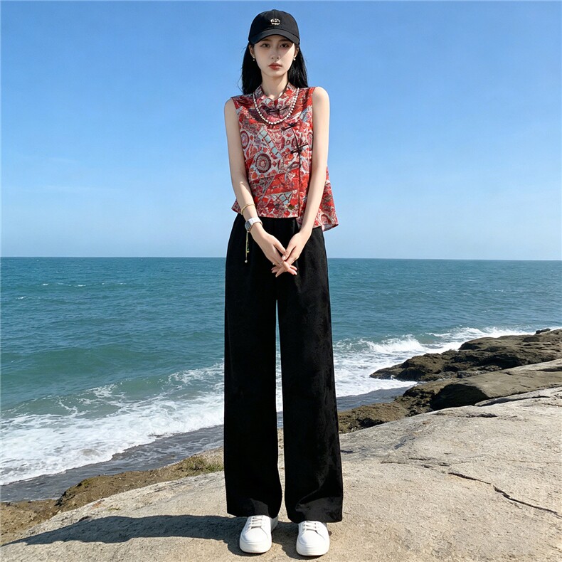 女夏季新款唐装时尚气质套装民族风立领提花无袖上衣阔腿裤两件套,女装套装/套裙,江南