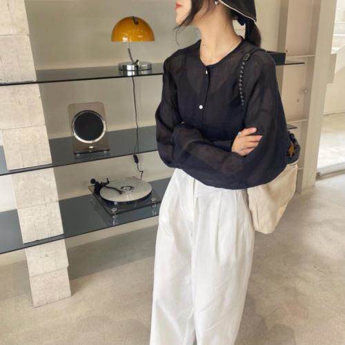 微透感细扣长袖上衣，其它，Vase