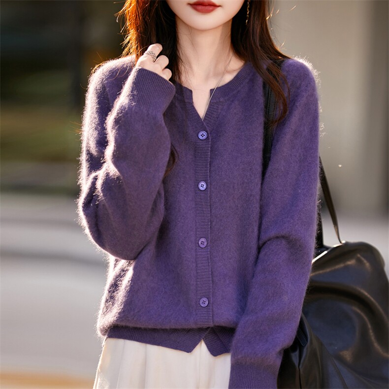 松弛感V领羊毛开衫女25秋冬拉绒针织衫外搭毛衣一线无缝宽松外套,女装羊毛衫,昭美羊绒