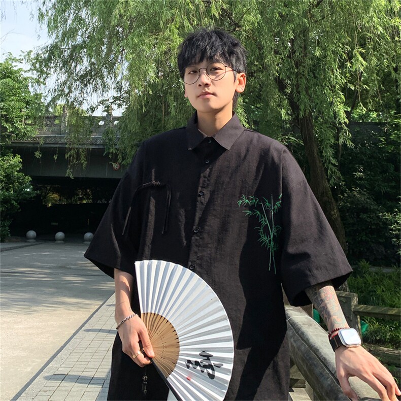 中式复古竹子印花竹节棉垂感短袖袖衬衫CS2411特p42控78抖音控89,男装衬衫,电商B370