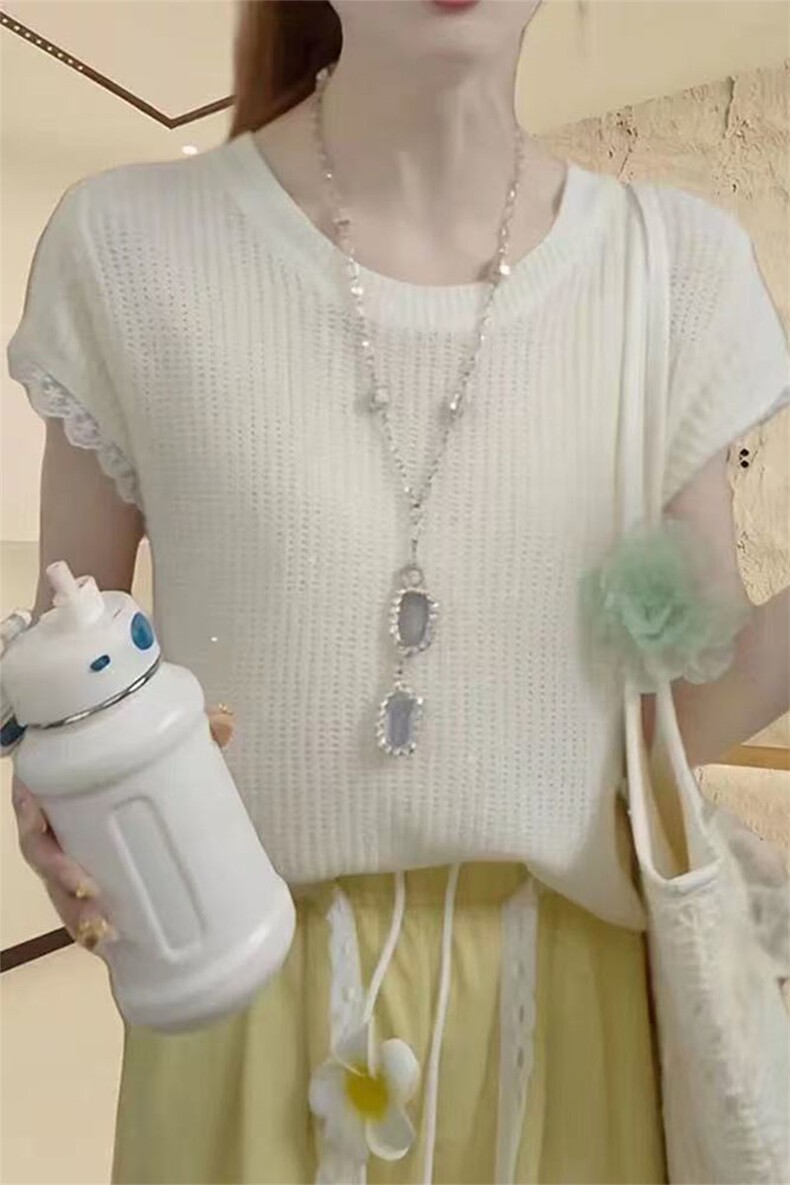 2025春季细看精仿羊毛衫女士圆领镂空短袖上衣套头蕾丝薄款打底,女装T恤,萱芳婷羊绒