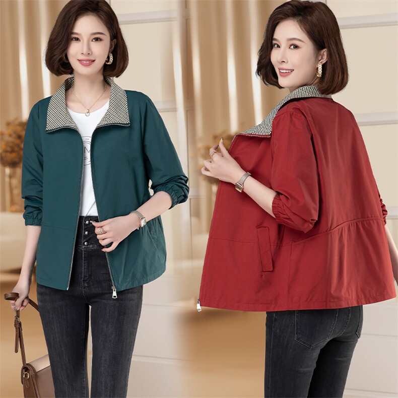 【M-4XL】格子拼接外套女春秋新款短外套中年妈妈大码夹克秋季图片