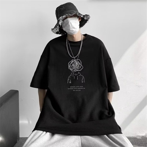 2025纯棉男短袖t恤潮牌ins宽松休闲大码圆领印花体恤韩版潮流上衣图片