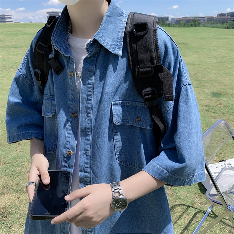港风复古牛仔衬衫男夏新款短袖衬衣宽松休闲工装外套W3421-P40,男装衬衫,星座512-2