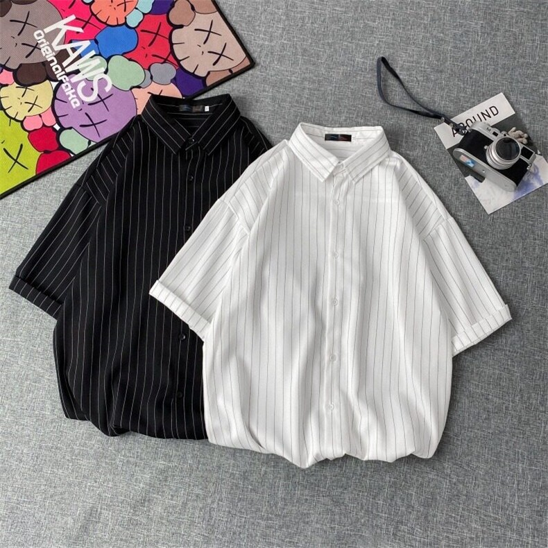 痞帅衬衫男夏季港风日系休闲宽松竖条纹衬衣短袖韩版潮流半袖寸衫，男装衬衫，星座601-1