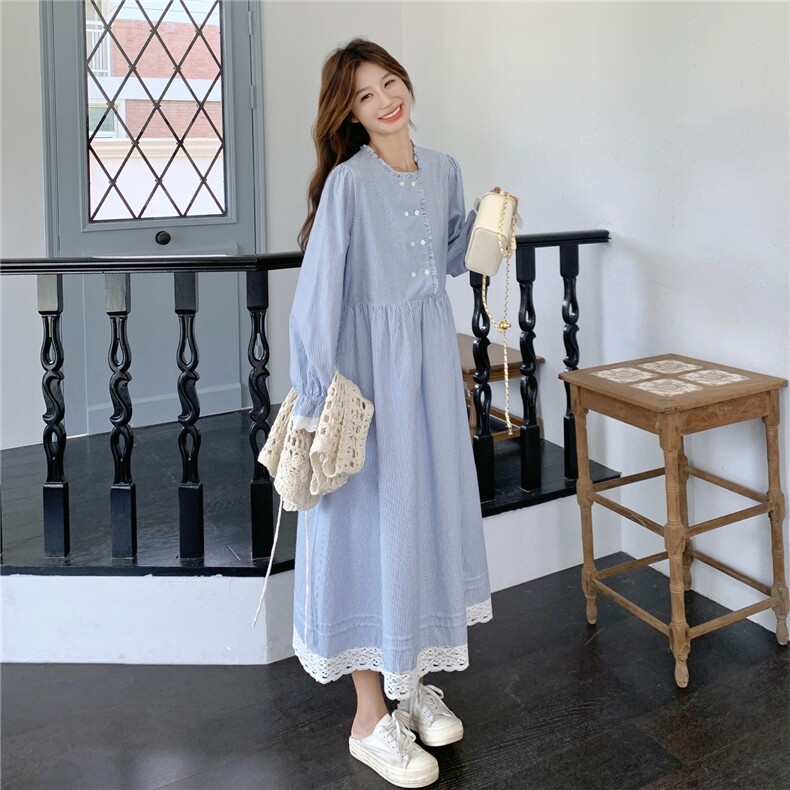 现货蕾丝花边拼接条纹连衣裙马甲套装25083P165K248,女装套装/套裙,2D035