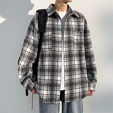 春秋季美式复古格子衬衫男生春秋款高街翻领长袖衬衣潮牌大码外套，男装衬衫，星座506A