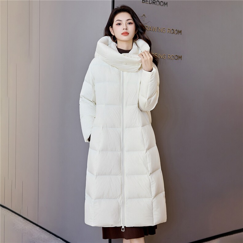 韩版加长款过膝羽绒服2025冬季连帽立领防风A字宽松棉袄，女装羽绒服，阿舍尔精品