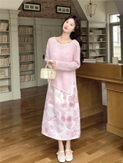 2026春季新款温柔风粉色系带针织衫+碎花吊带裙两件套韩系显瘦，女装套装/套裙，艾米莉亚