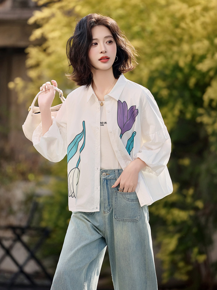 2025春夏装伊然Errarell郁金香衬衫女设计感复古印花法式上衣,女装衬衫,梦懿尔