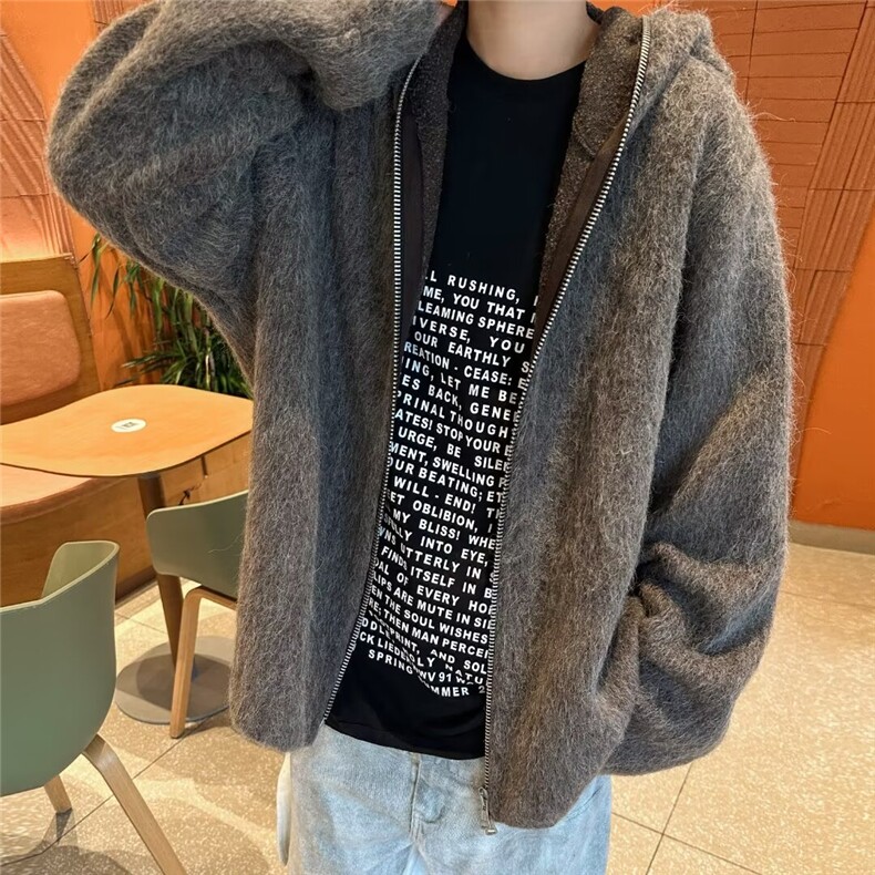 复古拉链连帽毛衣男秋冬季休闲宽松慵懒百搭针织外套8153-P95,男装棉衣,星座1001-1