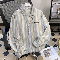 日系复古条纹衬衫长袖夏季薄款亚麻衬衣宽松潮流情侣上衣C513/P45，男装衬衫，星座506B