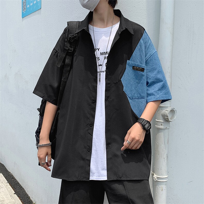 牛仔拼接短袖衬衫男潮牌宽松中性风半袖衬衣新款休闲W911-P35,男装衬衫,星座512-2