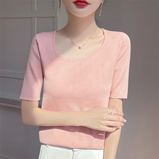 纯色方领短袖t恤女夏季2025新款打底衫洋气女装针织上衣短袖，女装针织衫/毛衣，皓宇羊绒
