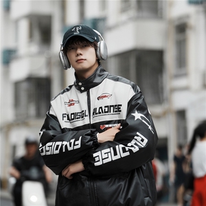 M6615-P128168冬季机车棉服潮流反光条宽松皮衣休闲外套男潮图片