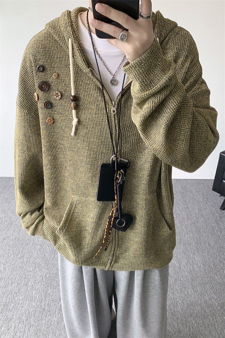 美式复古设计感针织连帽外套男女小众慵懒卫衣开衫潮牌WY21P78,男装卫衣,电商D206-1