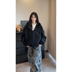 抖音得物高品质二开26春装美式高街铆钉拼接纯色开衫卫衣外套W122，女装短外套，电商A486