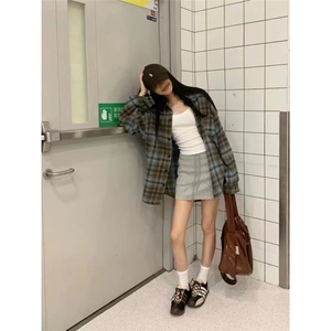 美式复古格子衬衫女2025新款春秋薄款设计感小众宽松长袖衬衣外套图片