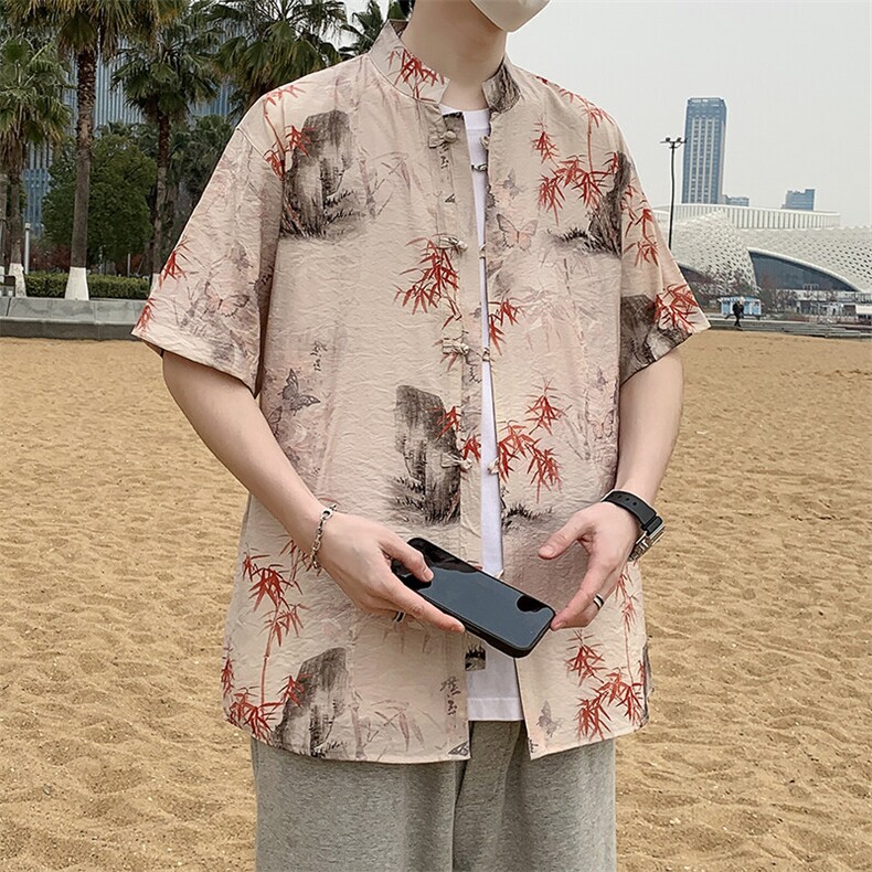 新中式风盘扣花纹短袖衬衫男士夏季复古唐装衬衣潮7008P40,男装衬衫,电商A056