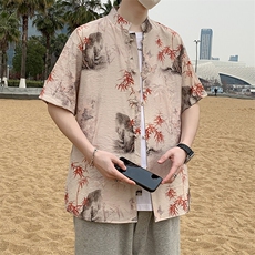 新中式风盘扣花纹短袖衬衫男士夏季复古唐装衬衣潮7008P40，男装衬衫，电商A056