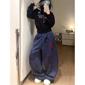 蓝色卡通阔腿裤女2025秋冬季复古显瘦直筒裤子休闲裤子KW18