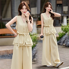 现货轻熟风气质套装女2026夏季麻料薄款西装马甲上衣阔腿裤两件套，女装套装/套裙，艾仟回(原伊仟回)