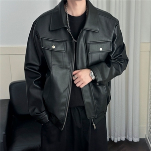 现货短款机车皮衣外套男宽松休闲痞帅皮夹克A351-AP2468-P105图片