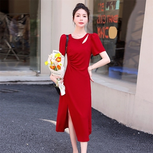 红色连衣裙女2025夏季新款高级感法式气质名媛别致绝美修身开叉裙图片