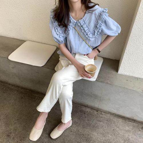 现货夏季新款木耳边衬衫，女装衬衫，木可可木R