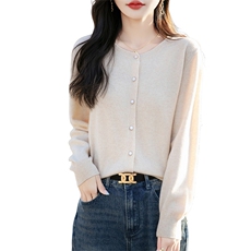 春秋新款100%纯羊毛开衫女圆领纯色百搭针织外套毛衣宽松休闲上衣，女装羊毛衫，蒙特羊绒