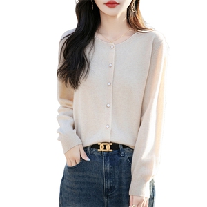 春秋新款100%纯羊毛开衫女圆领纯色百搭针织外套毛衣宽松休闲上衣图片