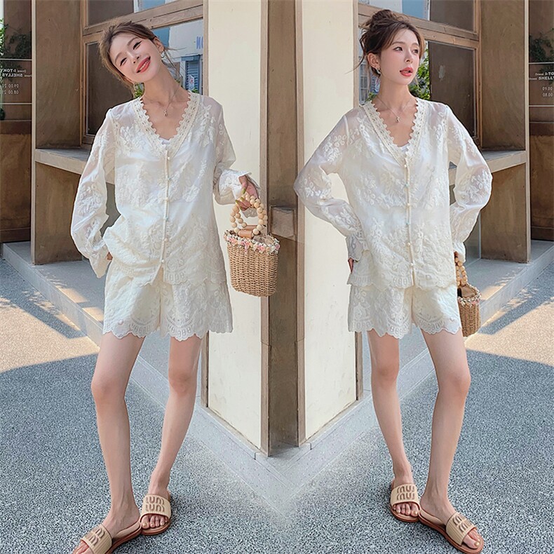 2025新款天丝绣花防晒短裤套装,女装套装/套裙,奕可儿