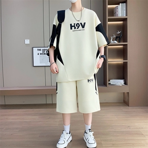 港风套装男休闲宽松时尚拼接色圆领短袖T恤短裤两件套-TZ1718-P57