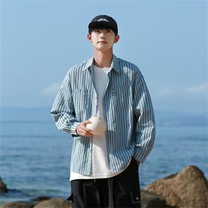 春季美式潮牌宽松休闲衬衣2024新款纯色衬衫男外套现货 W8145-P35图片