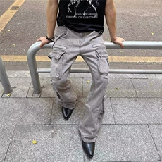 美式重工炮弹多口袋工装牛仔裤男小众潮牌做旧设计感宽松阔腿裤子，男装牛仔裤，星座506A