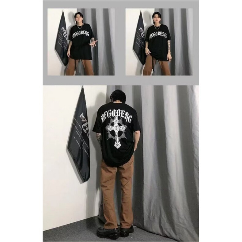 网络图现货！220G重磅T恤男美式复古十字架小领口短袖RMC669-P35,男装T恤,星座1005-6
