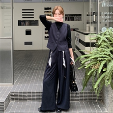 港风御姐显瘦套装女2025秋季新款轻熟打底衫复古马甲阔腿裤三件套，女装套装/套裙，2C236