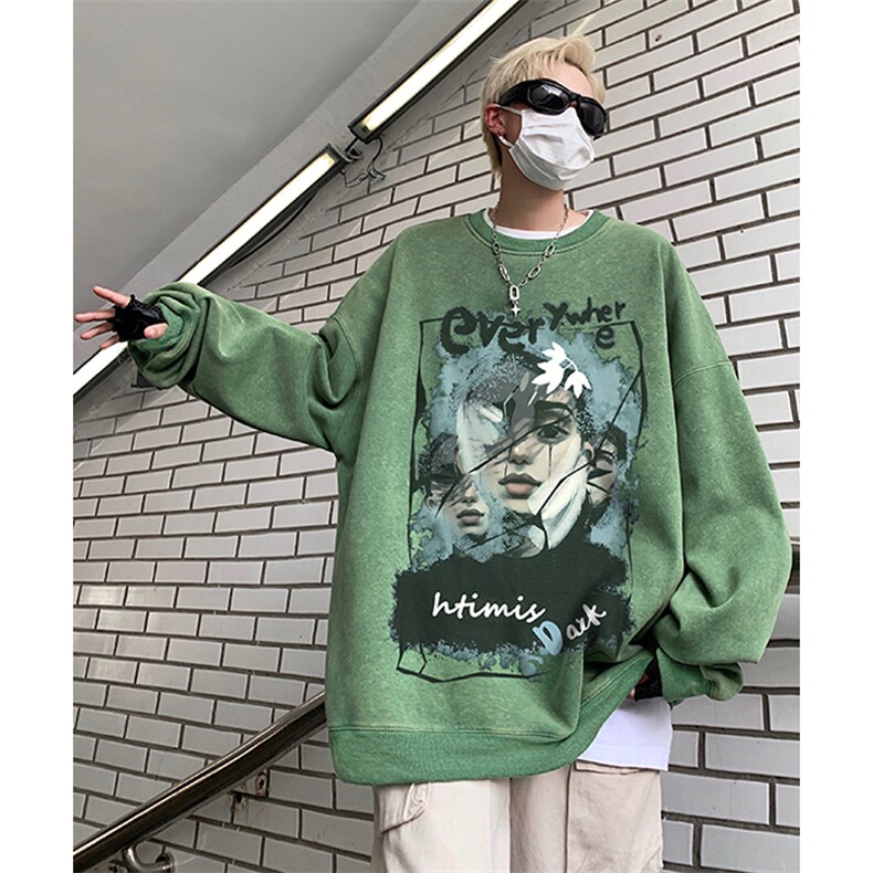 美式复古印花涂鸦水洗做旧圆领宽松套头卫衣男女外套-WY166-P58，女装短外套，电商B289-1