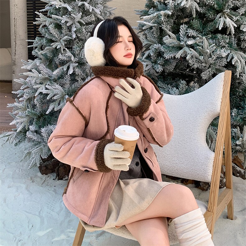 粉色皮毛一体麂皮绒羊羔毛外套女2025新款小个子加绒加厚短款棉服,女装棉衣/棉服,2C032