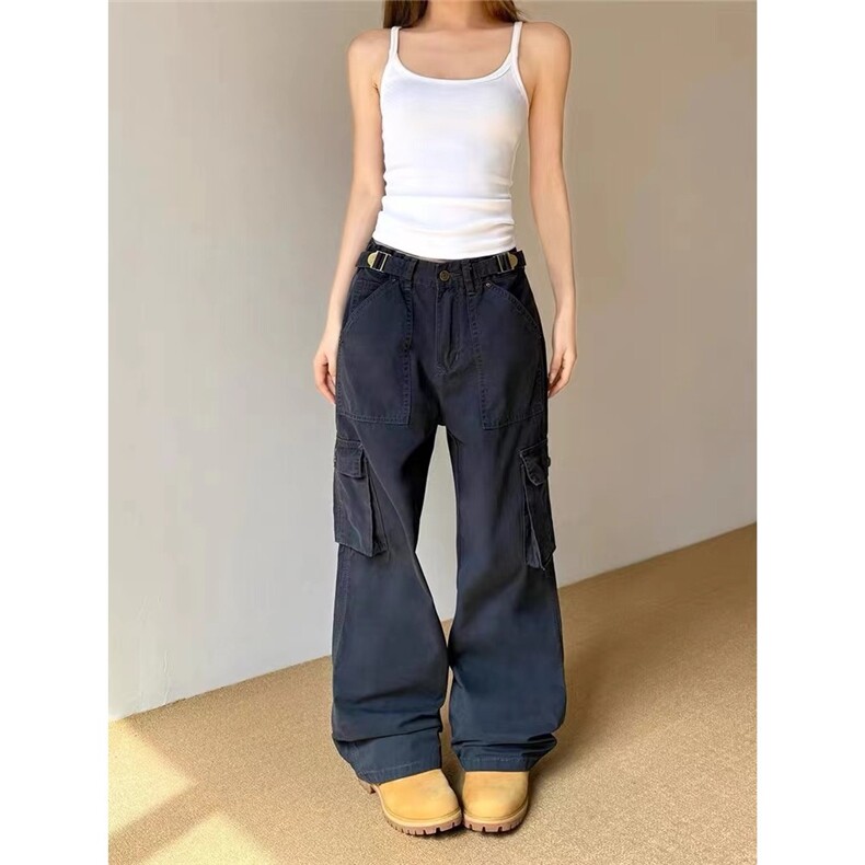 藏青色多口袋工装裤欧美hiphop炸街裤子小众设计感宽松直筒休闲裤图片