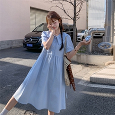 减龄娃娃领蓝色连衣裙女夏2025新款韩系chic别致穿搭气质感学院风，女装连衣裙，2C261