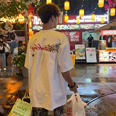 万针全刺绣工艺抖音得物高品质260克重磅纯棉双纱美式高街短袖T恤，男装T恤，电商A486