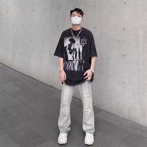 潮牌磨破洞拉链牛仔裤男女美式高街宽松直筒长裤子K70086-P42网图图片