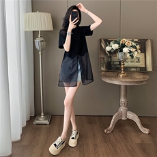 设计感小众时尚气质套装女夏新款圆领网纱拼接上衣牛仔短裤两件套，女装套装/套裙，江南