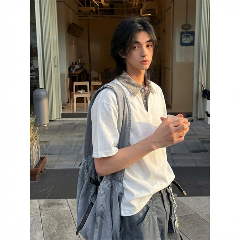 得物抖音高品质二开夏季美式潮牌假两件格子衬衫翻领高街短袖T恤,男装T恤,电商A486