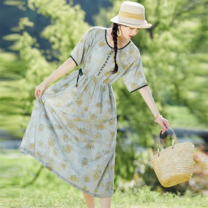 棉麻连衣裙2023夏装新款优雅收腰中长款复古文艺女裙图片