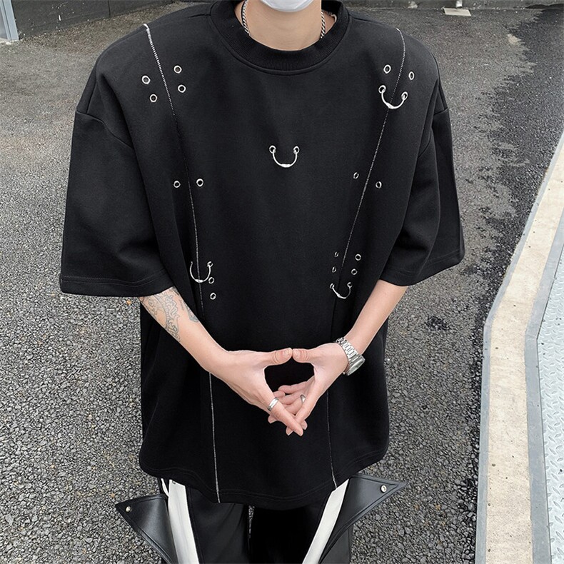 现货！25夏季男士金属垫肩设计感气眼铆钉T恤短袖DX81-P78,男装T恤,电商B288