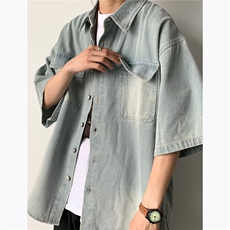 几物jiwuus夏日系水洗做旧短袖牛仔衬衫男女生工装衬衣外套-S041，男装衬衫，星座601-2
